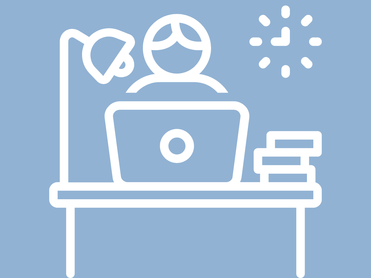 White symbol on a light blue background with a symbol of a person working at a computer at a desk with a lamp and stack of books and a clock on the wall.